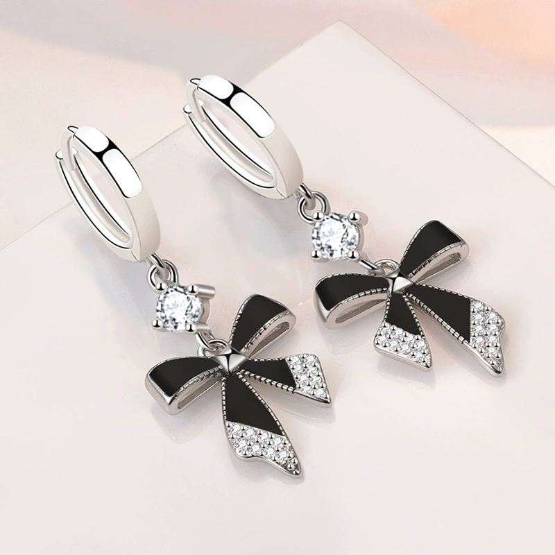 Tie Clip Silver - Black Bow Earrings Long Style Versatile
