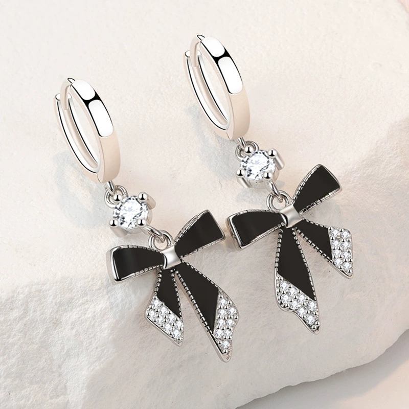 Black Bow Earrings Long Style  - Tie Clip Silver ulasan dan harga