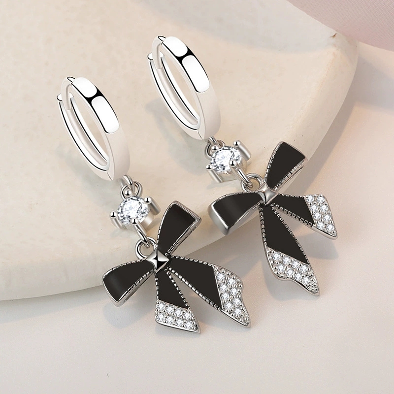 Black Bow Earrings Long Style  - Tie Clip Silver ulasan dan harga